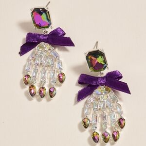 Abalone Silver Skeleton Hand Earrings 2.1" Crystal Bow Drop Dangle Jewelry